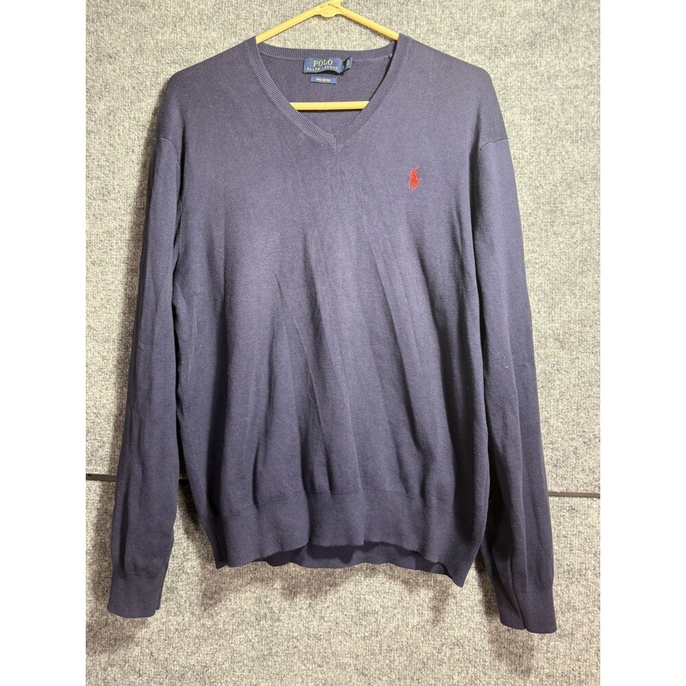 Polo Ralph Lauren Mens Large Navy Pima Cotton V Neck Sweater Red Pony